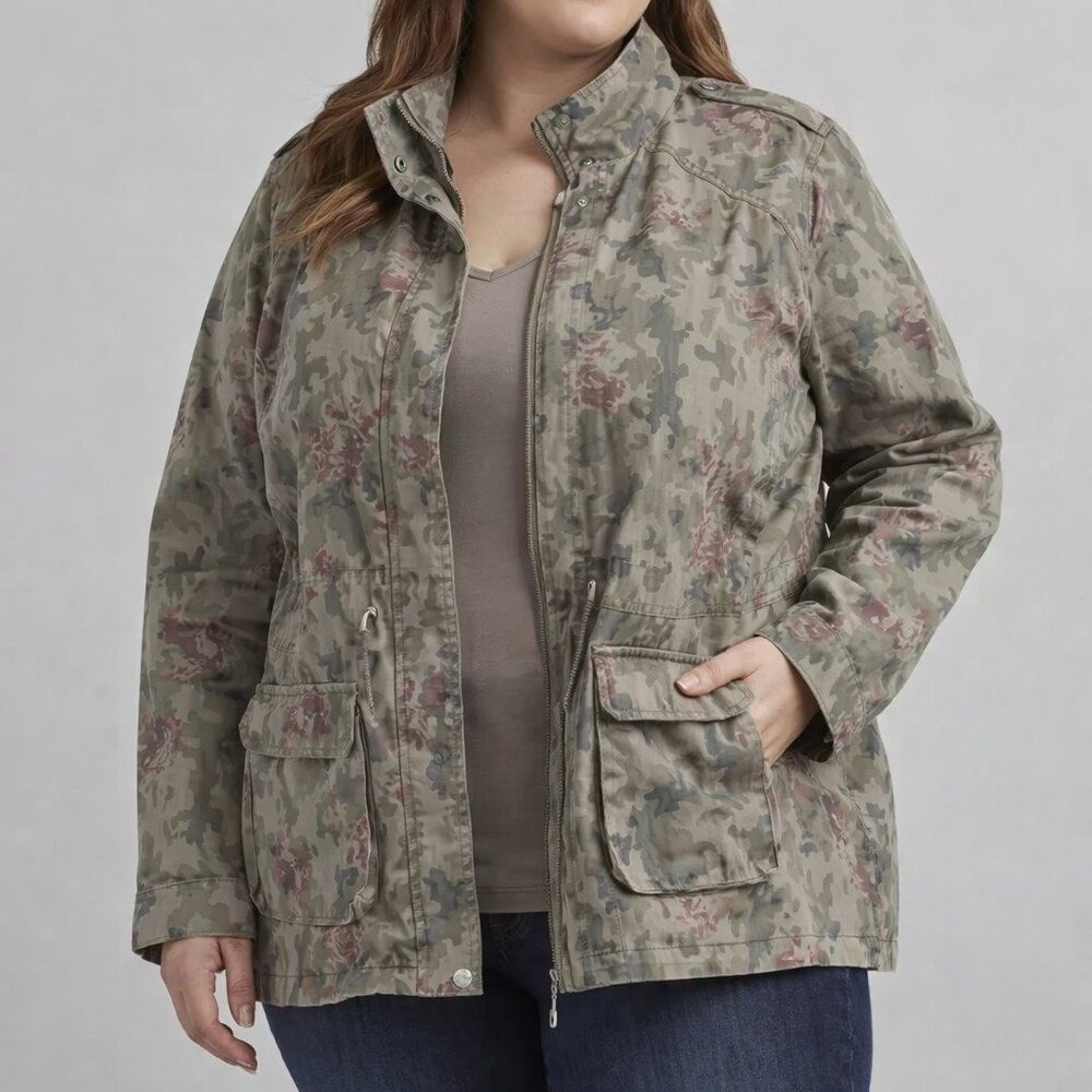 CoffeeShop New York Camo Floral Utility Jacket Military Field Coat Plus 2X